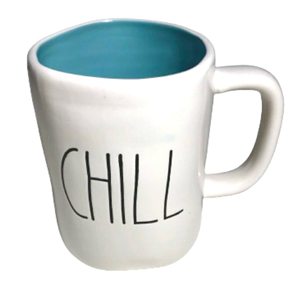 RAE DUNN White and Teal Chill Mug with Modern Design